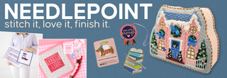 Needlepoint banner featuring stitched projects and a house-shaped bag with the text “stitch it, love it, finish it.” | Whatsoever Things | Dallas, TX