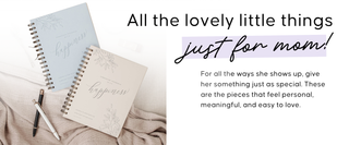 Two spiral-bound notebooks with text on a soft fabric background, accompanied by promotional text about gifts for mom from Whatsoever Things | Dallas, TX