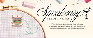 Promotional banner for Speakeasy Needle Works featuring a needlepoint canvas, multicolored thread and various sewing needles | Speakeasy Needle Works | Dallas, TX