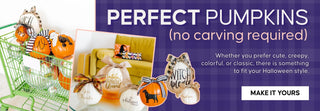 Promotional banner for 'Perfect Pumpkins' featuring a green wire shopping cart filled with carved and uncarved decorative pumpkins, a cozy living room scene with a pumpkin on a couch, and several uncarved pumpkin ornaments in different colors and designs. The right side has a dark purple background with the text 'PERFECT PUMPKINS (no carving required)', descriptive copy, and a white 'MAKE IT YOURS' button. | Whatsoever Things | Dallas, TX