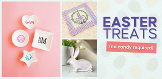 Collage of Easter-themed items including a bunny figurine, personalized coasters, and a decorative mat with text 'Easter Treats'. | Whatsoever Things | Dallas, TX