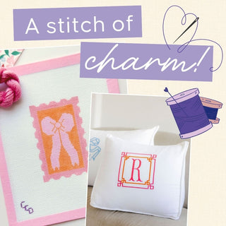 Promotional banner for the grandma hobbies collection with text that says "A stitch of charm". Needlecraft canvases with monograms and decorative elements on a light background. | Whatsoever Things | Dallas, TX