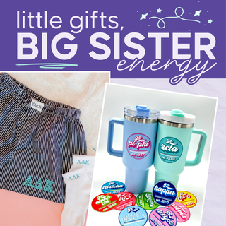 A promotional collage for a gift set titled 'little gifts, BIG SISTER energy' on a light lavender background. Visible items include navy and white striped boxer briefs, two handled tumblers in light blue and mint green with custom names, several round stickers, a floral card reading 'Pi Beta Phi,' and a wooden pencil | Whatsoever Things | Dallas, TX