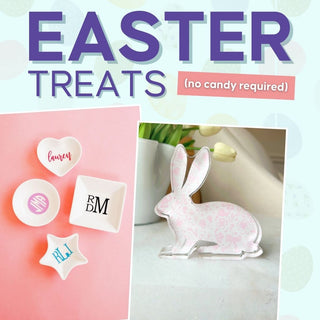 Collage of Easter-themed items including a bunny figurine, personalized coasters, and a decorative mat with text 'Easter Treats'. | Whatsoever Things | Dallas, TX