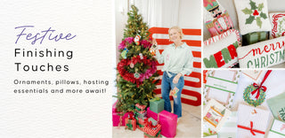 Festive finishing touches. Ornaments, pillows, hosting essentials and more await! Image of Julie decorating a christmas tree with ornaments from Whatsoever Things in Dallas, TX. Promotion for christmas gifts and home decor. 