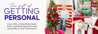 “The Gift of Getting Personal” Christmas banner featuring a decorated tree, wrapped presents, festive pillows, and holiday gifts | Whatsoever Things | Dallas, TX