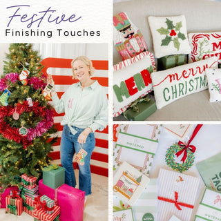 Festive finishing touches. Image of Julie decorating a christmas tree with ornaments from Whatsoever Things in Dallas, TX. Promotion for christmas gifts and home decor. 