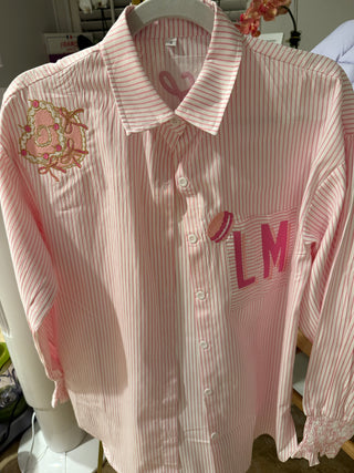 Smocked Cuff Boyfriend Shirt-Women's Long Sleeves-[product_category]-Whatsoever Things