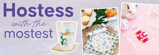 Promotional banner for Hostess with the mostest, featuring a clear plastic cup with a colorful logo, a small food and drink setup, and a pink gift bag on a light background | Whatsoever Things | Dallas, TX