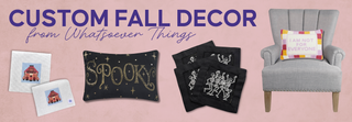 Custom fall decor featuring a “Spooky” pillow, skeleton napkins, and skull pillow. Text: “Read more on the blog." | Whatsoever Things | Dallas, TX