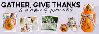 Thanksgiving decor with festive pumpkins, a patterned throw, and illustrated cups. Text: “Gather, Give Thanks & make it special. | Whatsoever Things | Dallas, TX