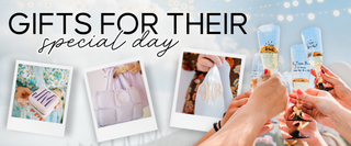 Promotional banner for gifts with hands holding small gift bags and text 'Gifts for their special day' | Whatsoever Things | Dallas, TX