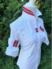 White Oxford with Red White and Black Stripe Ribbon