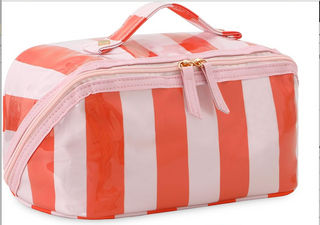 Striped Open Flat Travel Makeup Bag | Matching PVC Cosmetic Pouch