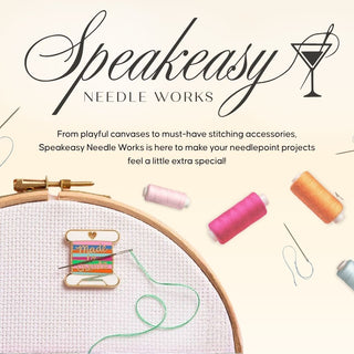 Promotional banner for Speakeasy Needle Works featuring a needlepoint canvas, multicolored thread and various sewing needles | Speakeasy Needle Works | Dallas, TX