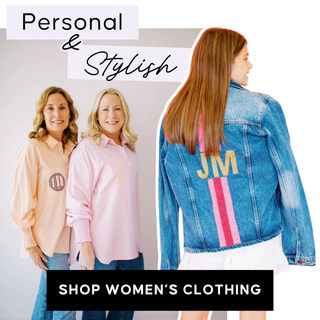 Two women wearing personalized clothing with text 'Personal & Stylish' and 'Shop Women's Clothing' | Whatsoever Things | Dallas, TX