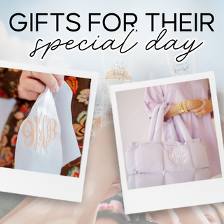 Promotional banner for gifts with hands holding small gift bags and text 'Gifts for their special day' | Whatsoever Things | Dallas, TX