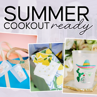 Collage of summer cookout items including a cup with a cactus design, a towel with lemons, and a cooler bag | Whatsoever Things | Dallas, TX