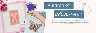 Embroidery hoop with butterfly design and text 'A stitch of charm!' on a light background | Speakeasy Needle Works | Dallas, TX