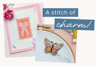 Speakeasy Needle Works needlepoint essentials featuring a pink bow canvas, embroidery hoop, colorful butterfly needle minder, and embroidery floss