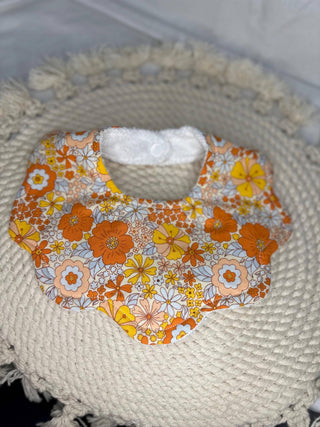 Children's Handmade Scalloped Baby Bib | Orange and Yellow Cotton Floral Baby Bib