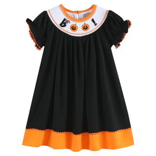 Black and Orange Boo Halloween Smocked Bishop Dress-Baby & Kids Clothing-[product_category]-Whatsoever Things