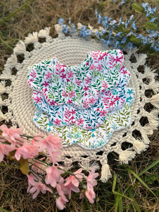 Children's Handmade Scalloped Baby Bib | Pink and Blue Floral Print Cotton Floral Baby Bib