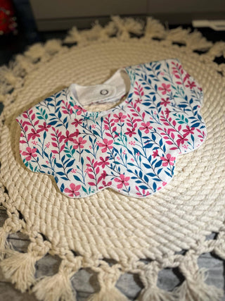 Children's Handmade Scalloped Baby Bib | Pink and Blue Floral Print Cotton Floral Baby Bib