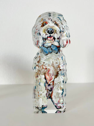 "Golden Doodle blue bow" acrylic