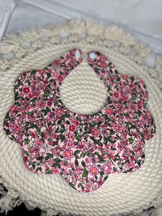 Children's Handmade Scalloped Baby Bib | Pink and Green Cotton Floral Baby Bib