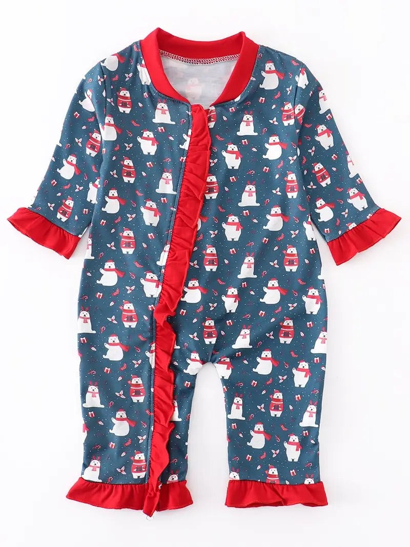 Navy bear ruffle pajama romper