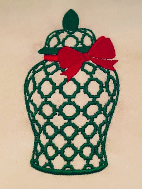 Green/White Christmas Ginger Jar Embroidered Guest Towel
