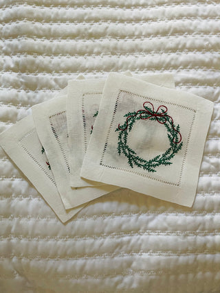 Christmas Wreath Embroidered Cocktail Napkins, Set of 4-Napkins-[product_category]-Whatsoever Things