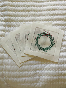 Christmas Wreath Embroidered Cocktail Napkins (set of four)