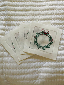 Christmas Wreath Embroidered Cocktail Napkins (set of four)