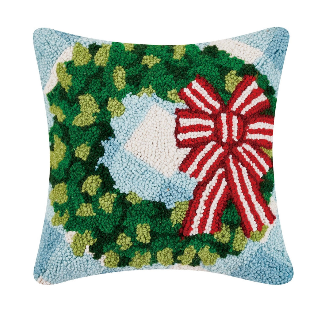 Festive Gingham Wreath Hook Pillow, 14 by 14 inches