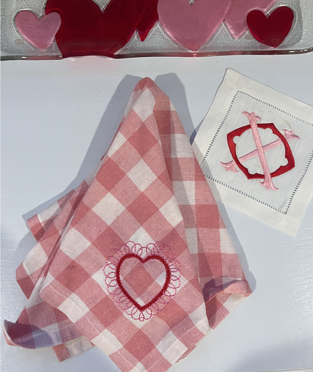 Pink Gingham embroidered ❤️💖  napkins (set of four)