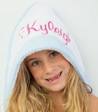 Load image into Gallery viewer, Seersucker Trim Hooded Bath Towel with Embroidered Monogram
