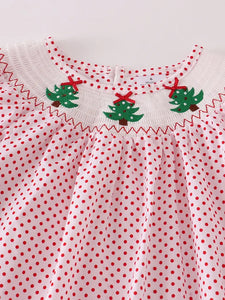 Red dot Christmas tree smocked girls dress