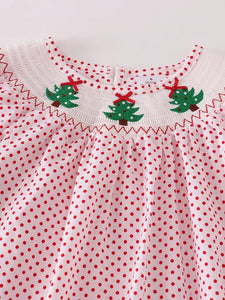 Red dot Christmas tree smocked girls dress