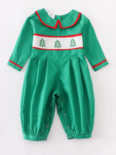 Load image into Gallery viewer, Green christmas tree embroidery smocked boy romper
