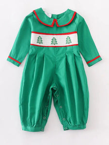 Green christmas tree embroidery smocked boy romper