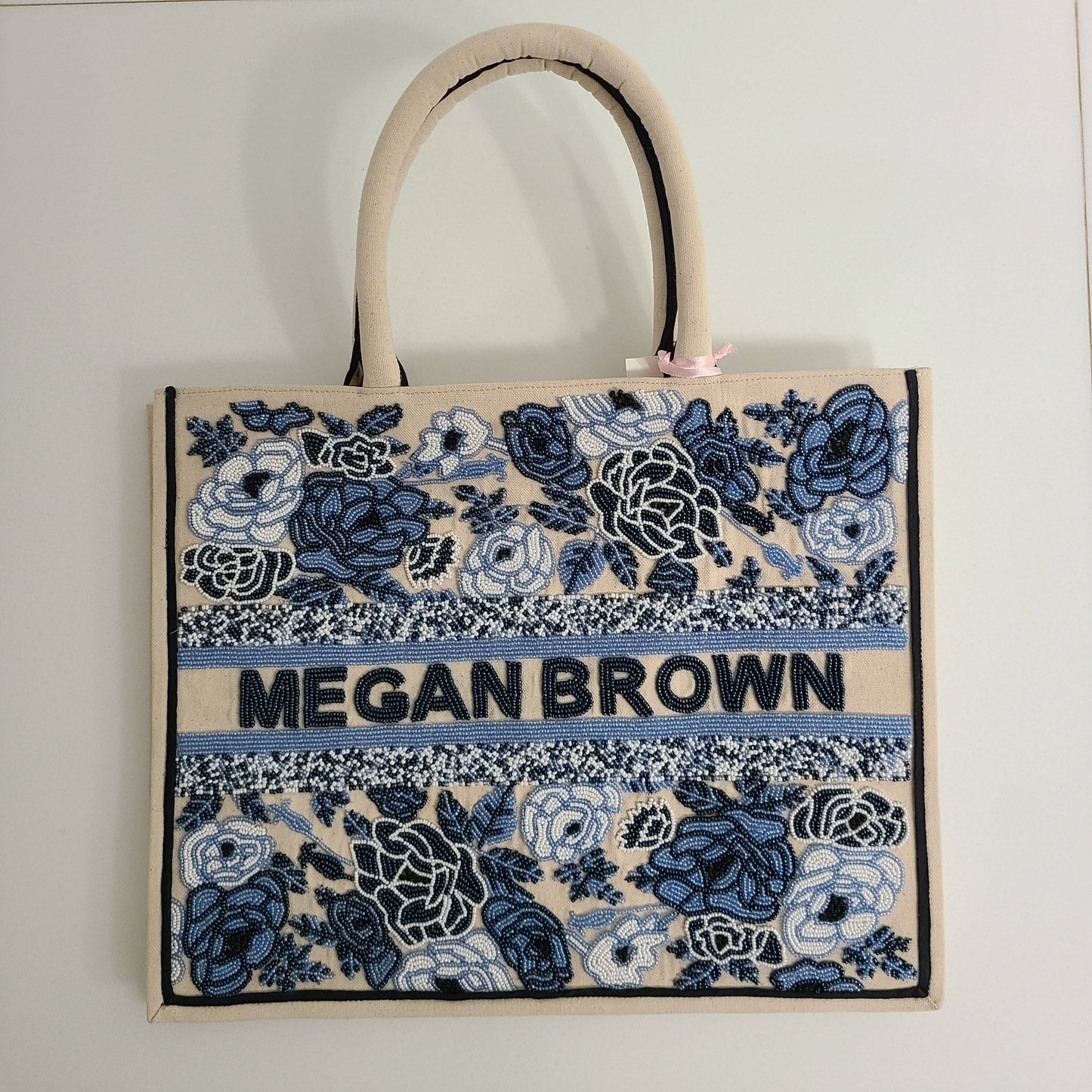 'Blue Roses' Hand-Beaded Tote (Four Week Delivery)