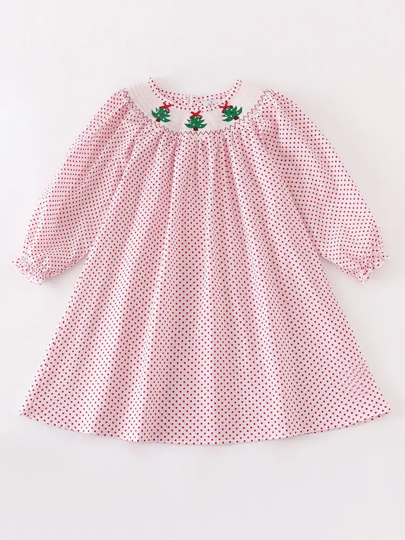 Red dot Christmas tree smocked girls dress