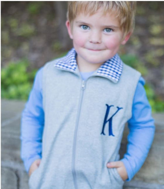 Gingham Accent Vest - Grey with Navy with Embroidered Monogram