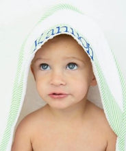 Load image into Gallery viewer, Seersucker Trim Hooded Bath Towel with Embroidered Monogram
