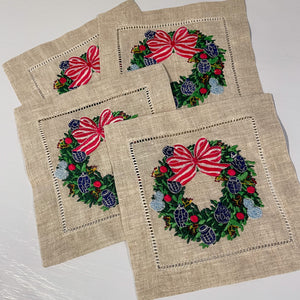 Chinoiserie Christmas Embroidered Cocktail Napkins (set of four)