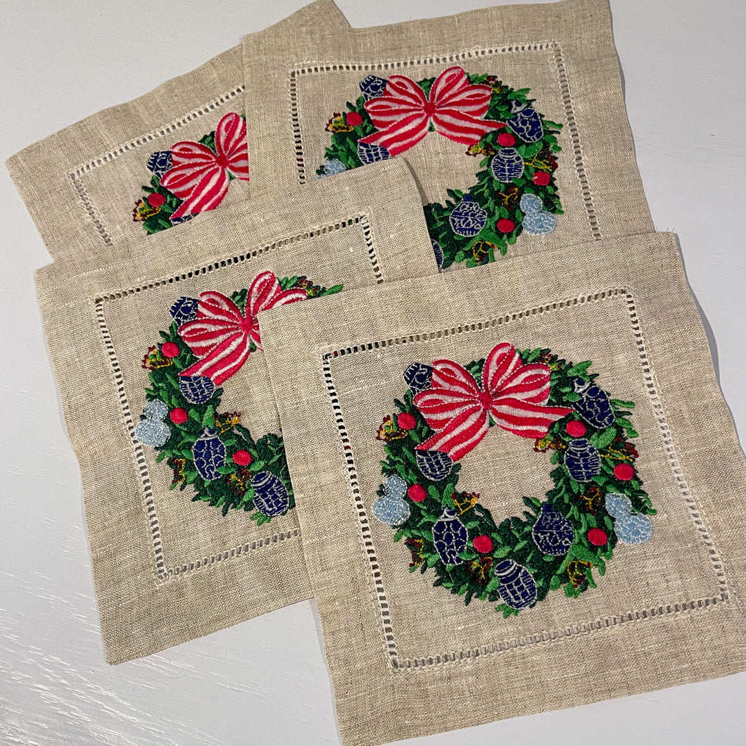 Chinoiserie Christmas Embroidered Cocktail Napkins (set of four)