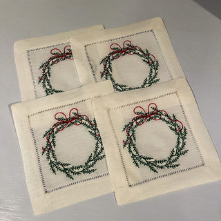Christmas Wreath Embroidered Cocktail Napkins, Set of 4-Napkins-[product_category]-Whatsoever Things