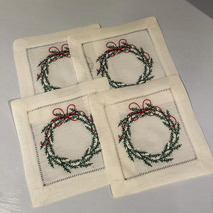 Christmas Wreath Embroidered Cocktail Napkins (set of four)
